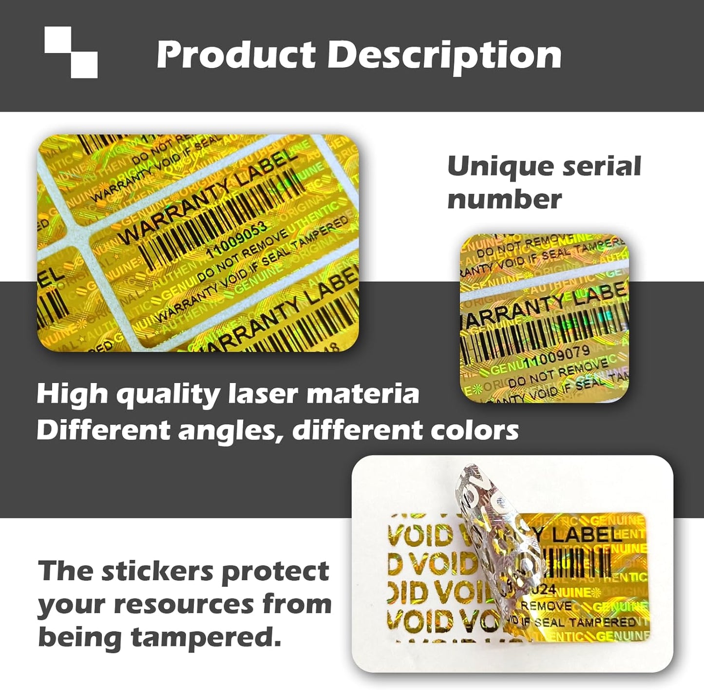 300pcs Tamper Proof Stickers Hologram Security Labels Genuine Warranty Seal with bar Code Unique Serial Number(1.2 X 0.6 Inch,Gold,GQYH)