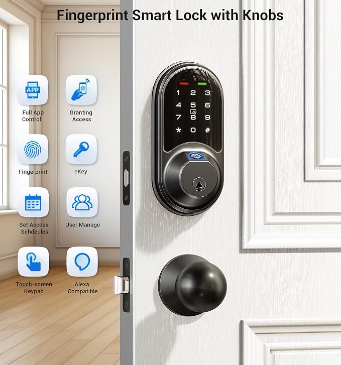 Veise RZ07C Smart Locks for Front Door, 2 Knob Handle Set, Fingerprint Keyless - Image 4