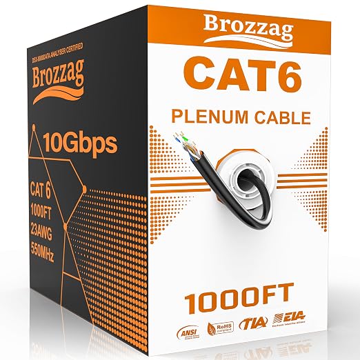 CAT5E/Cat6 Plenum Cable 1000ft, 23AWG CCA UTP 550MHz 10Gbps, DSX-8000 Certified by Brozzag