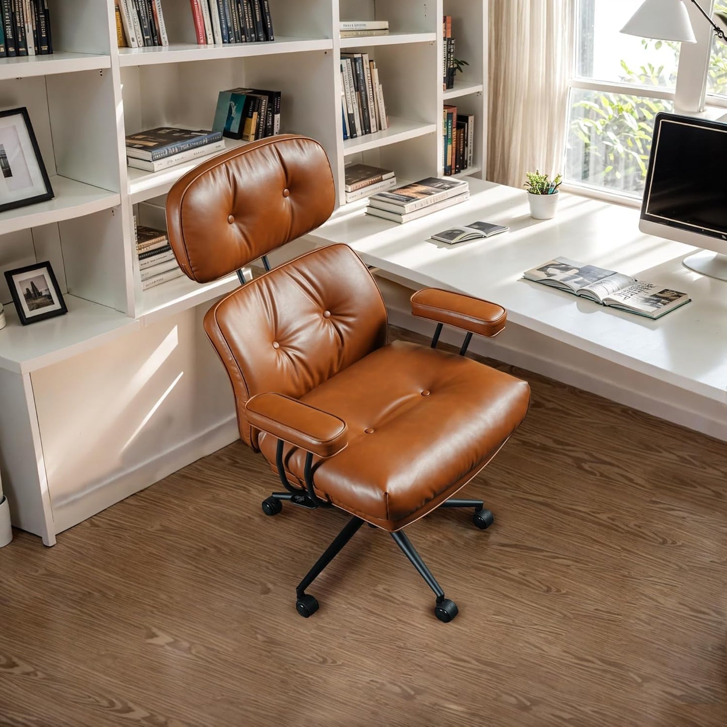 Faux Leather Executive Office Chair - Big and Tall Ergonomic Home Office Chair,Reclining Computer Desk Chair with Lumbar Support,Adjustable Task Chair Swivel Rolling PC Chair with Wheels,Browm,PU