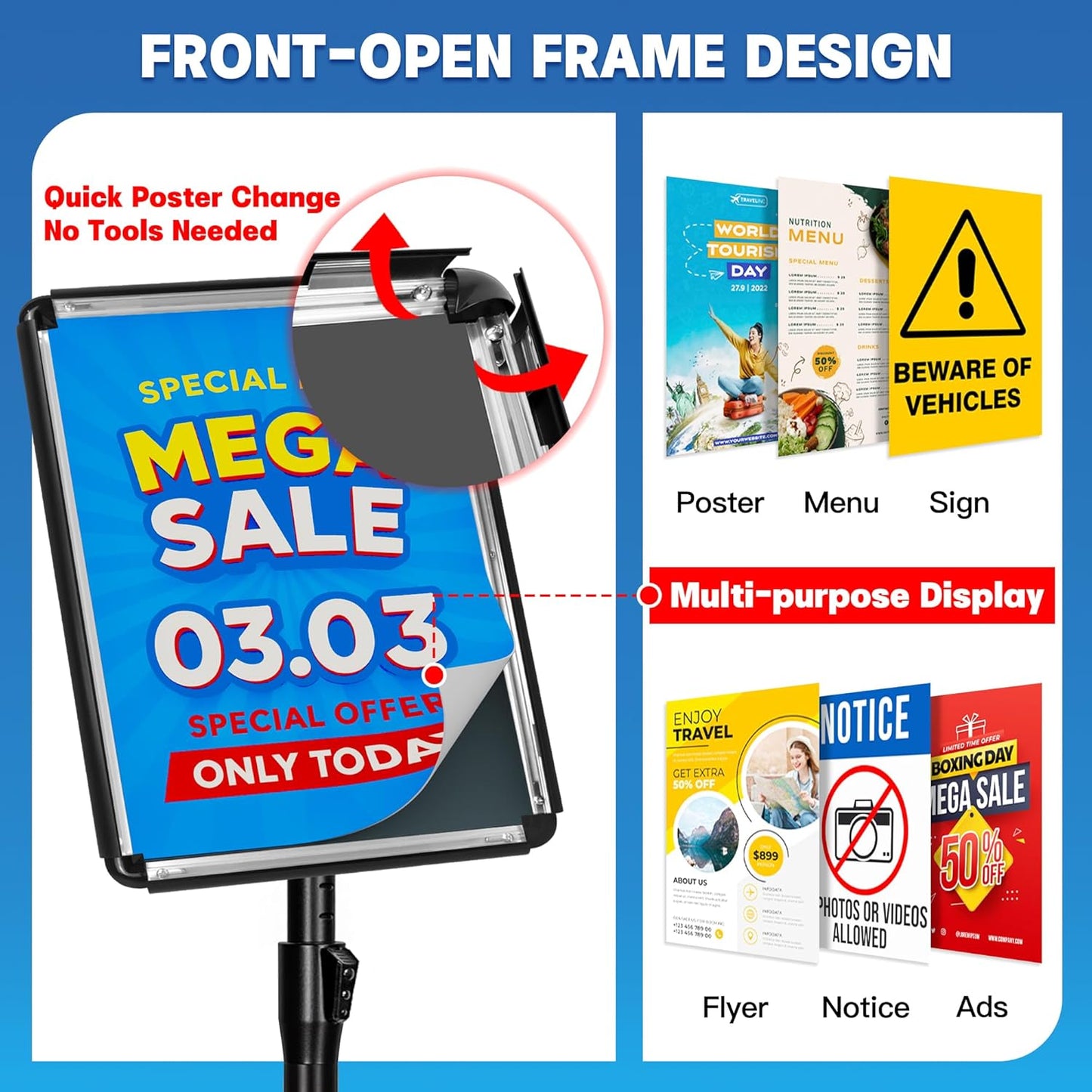 4 Pack Sign Stand for Display - Adjustable 8.5x11 Inch Floor Standing Sign Holder, Pedestal Poster Stand for Vertical&Horizontal View, Indoor&Outdoor Use for Business, Mall, Restaurant - Black