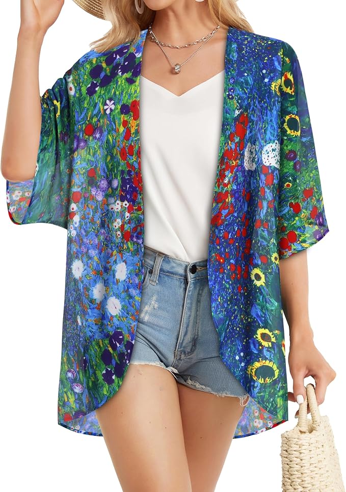 Women's Floral Print Puff Sleeve Kimono Cardigan Loose Cover Up Casual Blouse - Image 4
