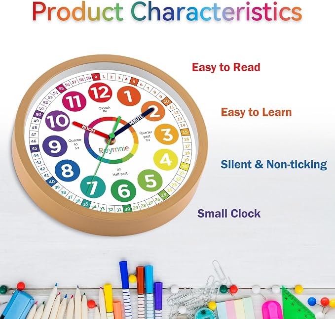 Roymnie Wall Clock for Kids Learning to Tell Time Analog Non Ticking Battery - Image 6