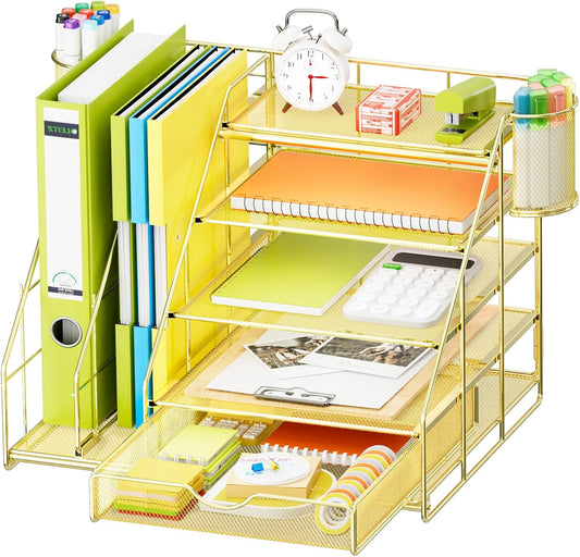 Marbrasse Desk Organizer with File Holder, 5-Tier Desk Organizer and Accessories with Drawer and 2 Pen Holders, Mesh Paper Letter Tray, Desktop Storage for Office Supplies (Gold)