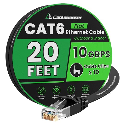 Cat 6 Ethernet Cable 20 ft, Indoor&Outdoor, High Speed 10Gbps Flat Internet by CableGeeker