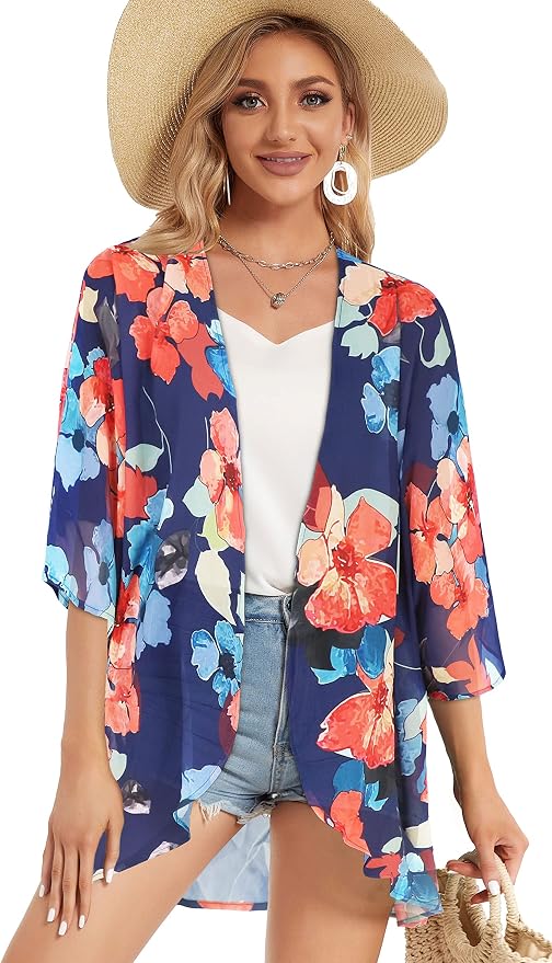 Women's Floral Print Puff Sleeve Kimono Cardigan Loose Cover Up Casual Blouse - Image 4