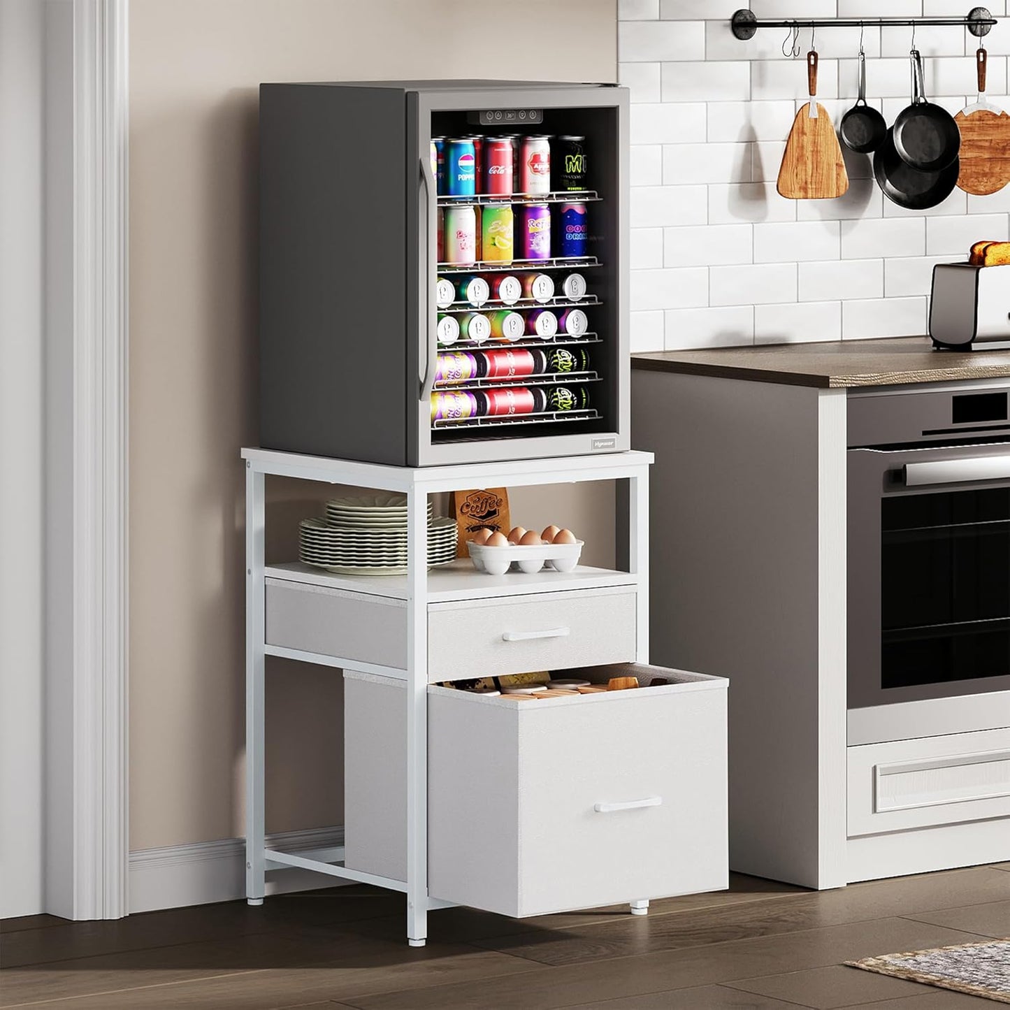 Mini Fridge Stand with 3 Storage, Mini Fridge Cabinet, Beverage Fridge Table, Heavy Duty 18.11" L* 18.11" W Tabletop, for Dorm, Apartment,Office, Bedroom Black HB03BXW