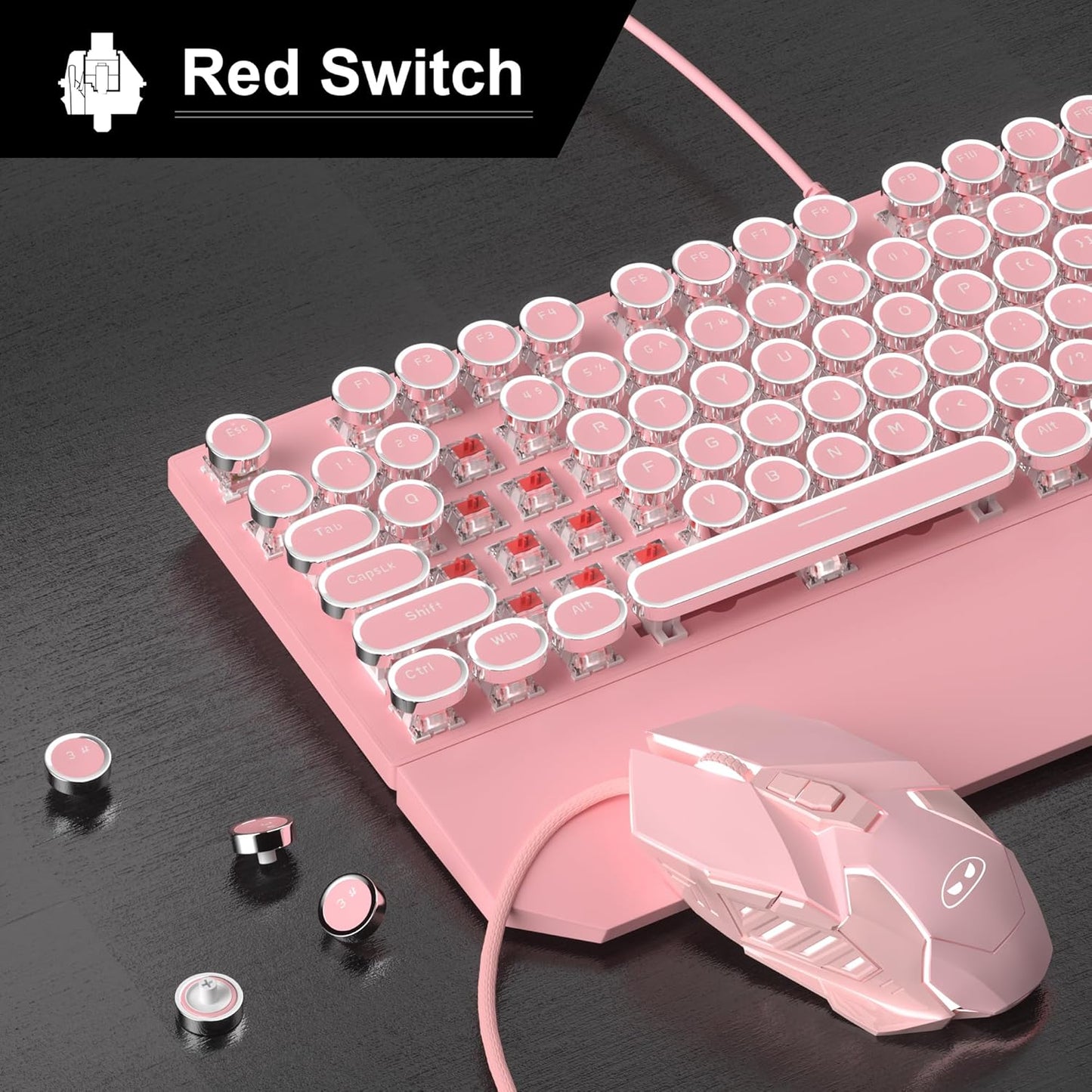 Retro Pink Typewriter-Style Keyboard and Mouse Combo, Cute Light Up Wired Mechanical Keyboard with Linear Red Switches, Full Size for Gaming, Work, Mac, PC, Windows