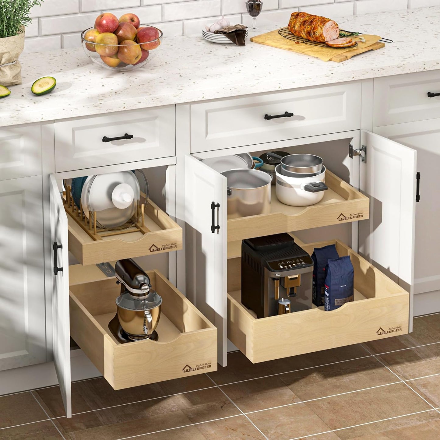 WelFurGeer Soft Close Pull Out Drawers for Kitchen Cabinets, 17" W x 22" D Pull Out Cabinet Organizer, Premium Birchwood Pull-Out Cabinet Drawers, Smooth Slide-Out Shelves for Kitchen Cabinets