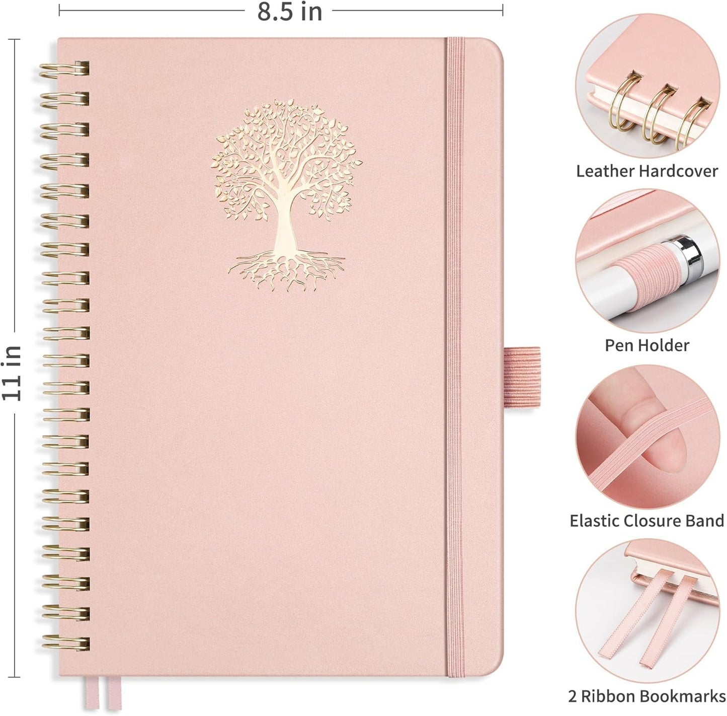 RETTACY Graph Grid Paper Notebook, 110 Pages, A4 Large Size (8.5'' × 11''), 5 Squares per Inch, Leather Hardcover, 100 GSM Thick Paper, for School, Students, Math, Engineering (Rose Gold)