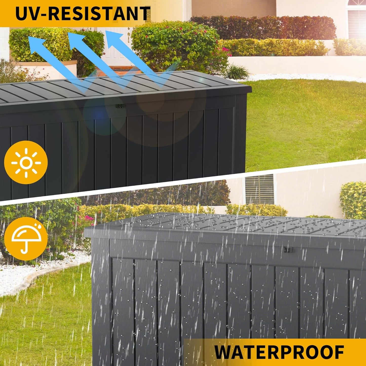 100 Gallon Outdoor Storage Box Waterproof Lockable Resin Deck Box Large, Patio Storage Bin for Pool Accessories Cushion Furniture, Garden Tools, UV-Resistant Outside Delivery Black
