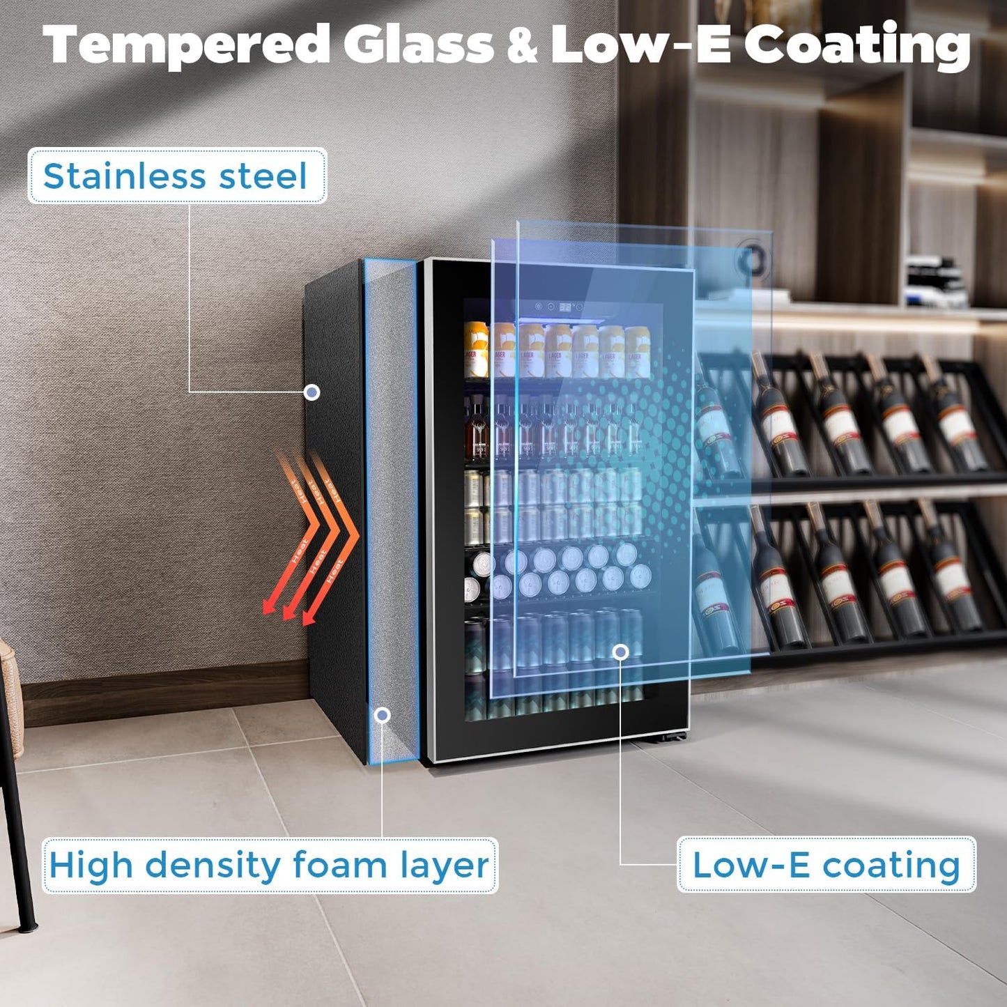 Kndko Beverage Refrigerator Cooler - 130 Can Mini Fridge with Adjustable Shelves, Glass Door, Digital Temperature Control, LED Lighting, Energy Efficient for Home, Office, Bar - 3.2 Cu.Ft, Black