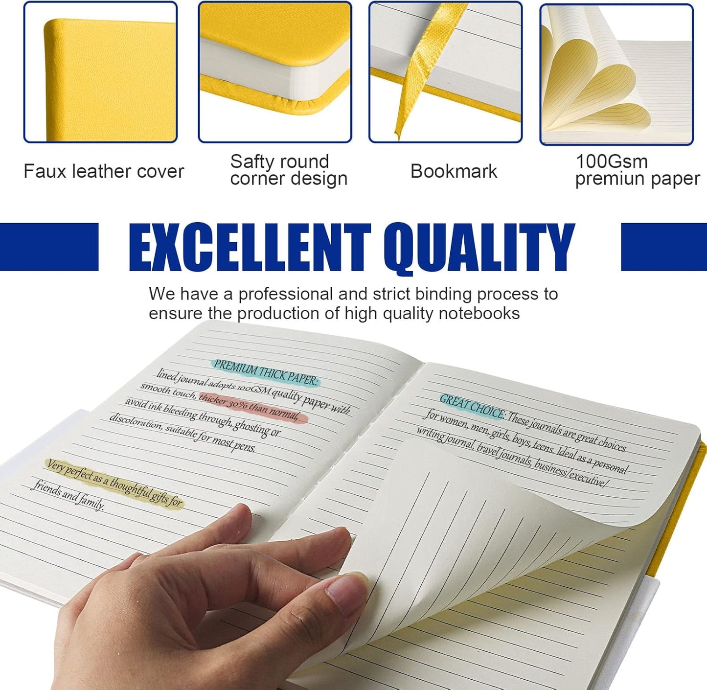 Lined Journal Notebook, 6Pack(bright yellow), 160 Pages, Medium 5.7 inches x 8 inches - 100 gsm Thick Paper, Hardcover