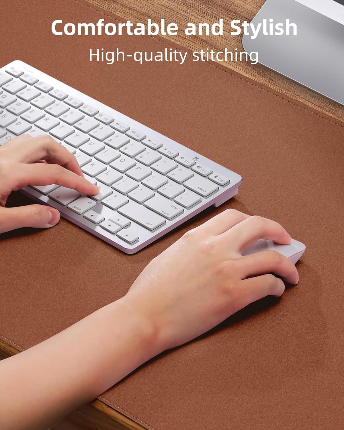 Leather Desk Pad Protector Large Mouse Pad, Stitched Locking Edge Laptop Computer Desk Mat Blotter, Non-Slip Waterproof Durable Writing Pad for Office and Home (Brown, 80 x 40cm)