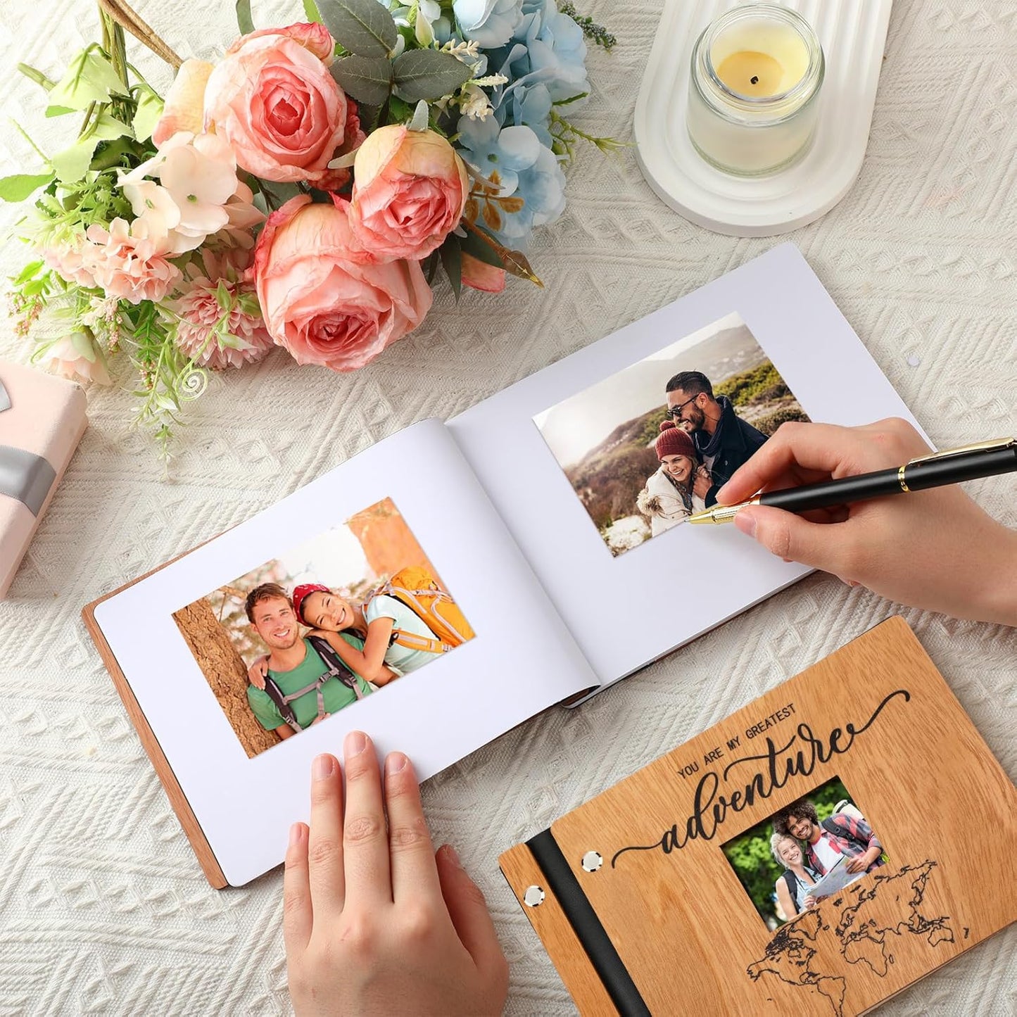 Adventure Wooden Guest Book with Pen 8 x 6 Inches 120 Pages Memory Scrapbook Rustic Signature Party Sign in Xmas Gift for Couple Guests Book