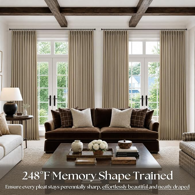 Pleated Light Brown Semi Sheer Sliding Door Curtains 105 Inches Long 4 Panels - Image 7