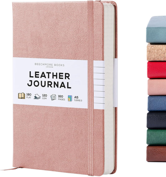 BEECHMORE BOOKS Lined Journal Notebook, 5.8 x 8.3 inch, A5 160 Lined Pages, Hardcover Leather Journals for Women, Men, Writing and Notebooks for Work - 120 GSM Thick Paper, Gifts Box Included