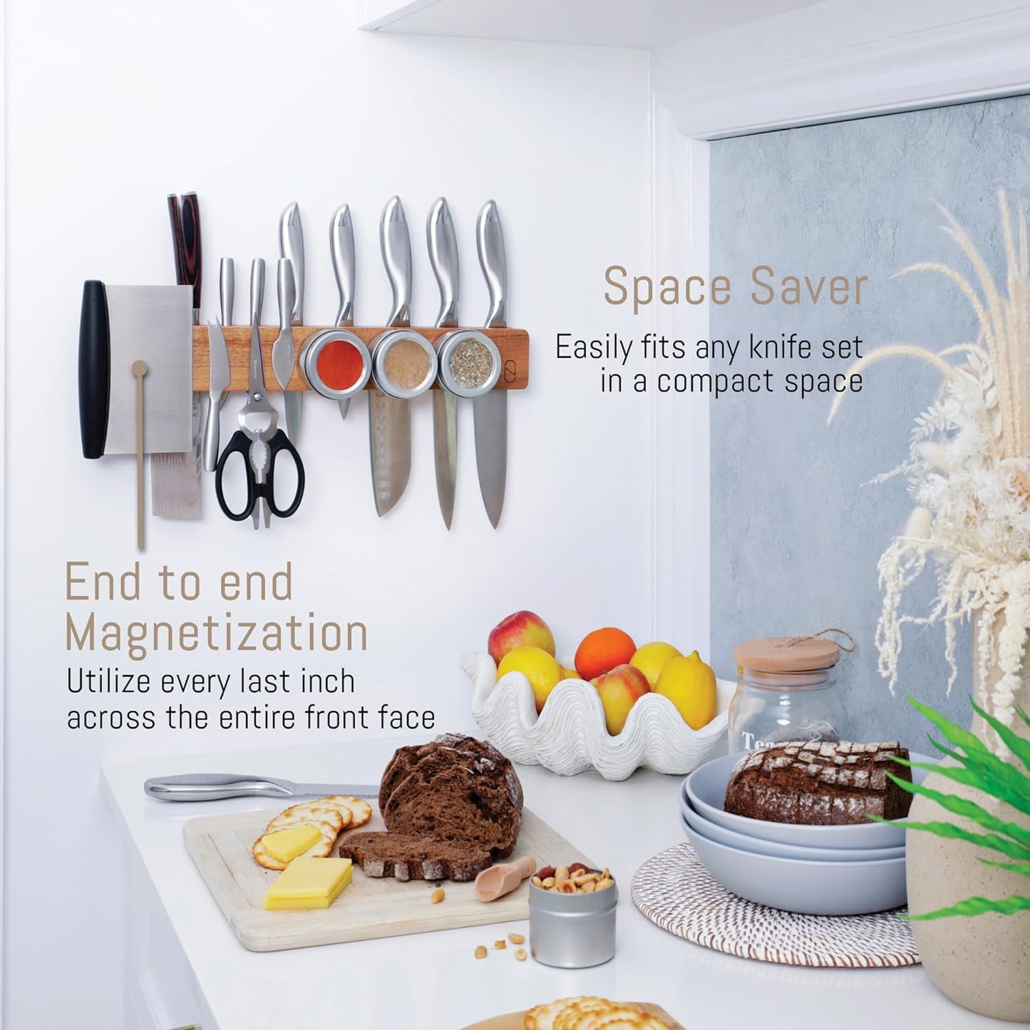 Premium 10 inch Magnetic Knife Holder for Wall with 2x Storage & Charming Wood - Knife Magnetic Strip, Under Cabinet Magnet Knives Storage - Magnet Strip Rack Kitchen Utensil Holder Organizer Tool