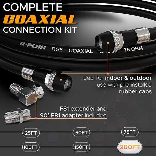 G-PLUG RG6 Coaxial Cable 200FT – Triple Shielded, Waterproof, 75 Ohm - Image 2