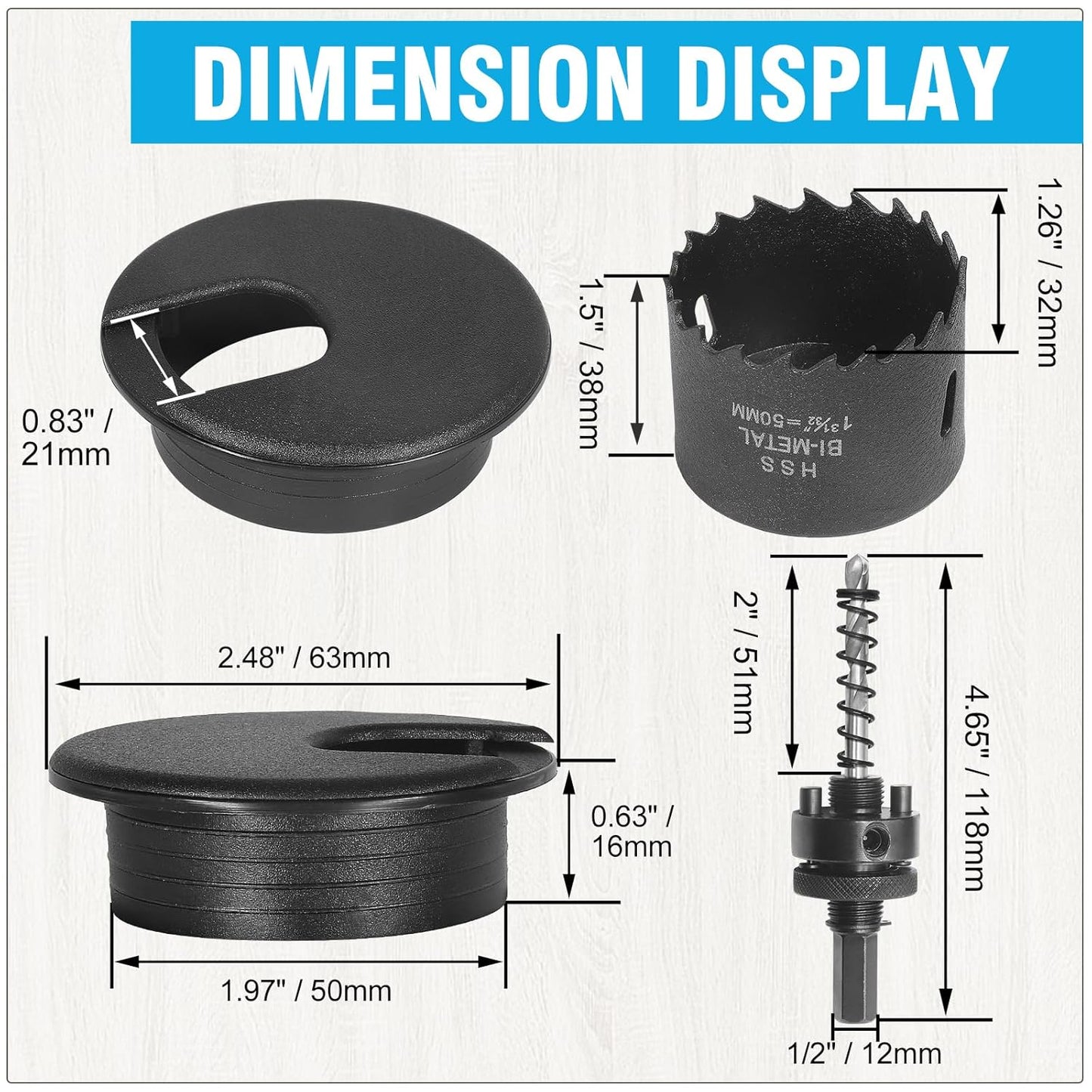 2" Black Desk Grommet with Bi-Metal Hole Saw, JTemgle Plastic Cable Hole Cover Computer Table Cord Wire Organizer Caps, Desktop Cord Management for Home Office TV Stands Tabletops, 13 Pieces