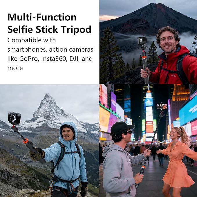Action Camera Tripod with 360° Ball Head, 66.5'' Selfie Stick Tripod with - Image 8