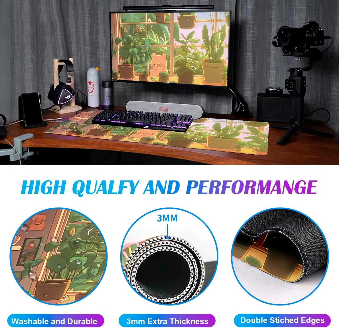 Green Plant Flower Anime XL Keyboard and Mouse Pad Women's Office Desk Accessories Decoration Expansion Game Mouse Pad Computer Office Desk Pad 35.4 x 15.7 inches