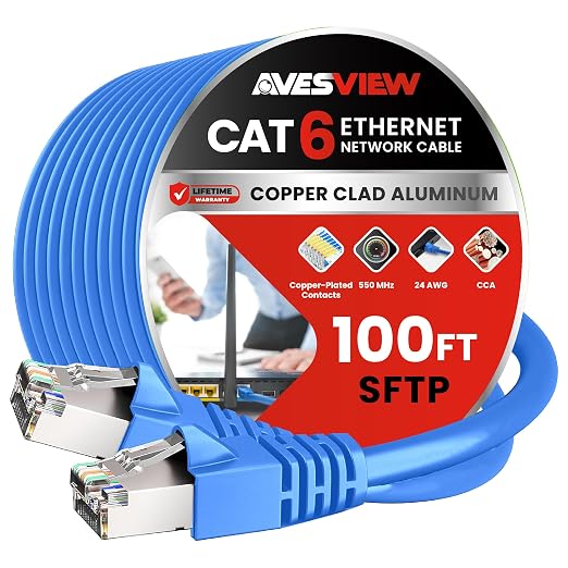 CAT 6 Shielded Ethernet Cable 100 FT, Indoor High-Speed 10Gbps Snagless by AvesView