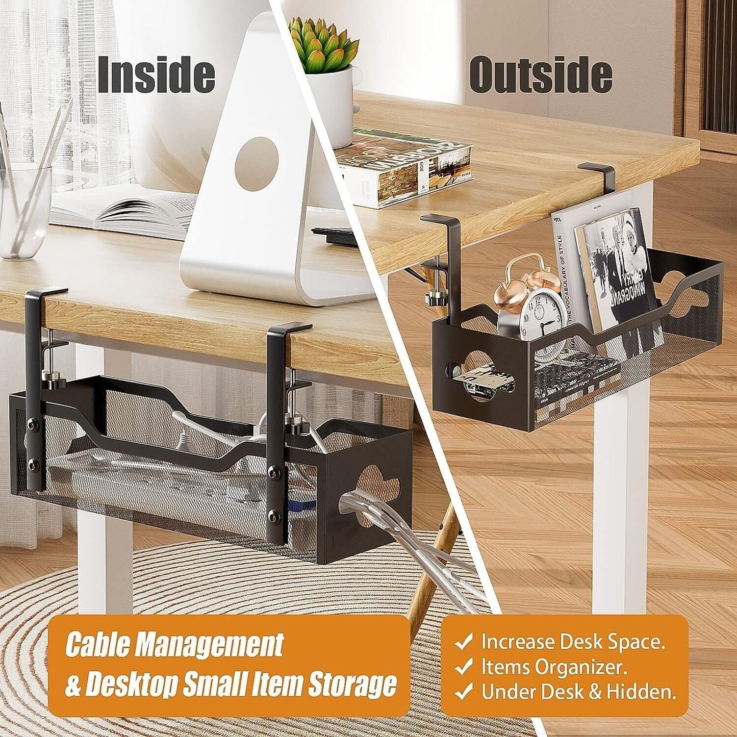 Under Desk Cable Management Tray 15.95", Quszmd Cable Organizer No Drill, Standing Cord Organizer and Wire Management Tray - No Damage to Desk, Black