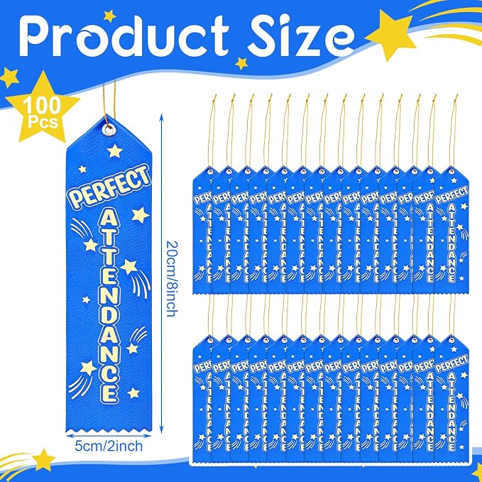 Wavwavw 100 Pcs Perfect Attendance Ribbons Bulk 8" x 2" Prizes Ribbons - Image 2