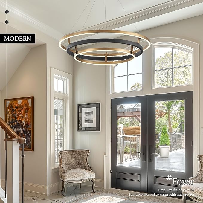3 Ring LED Chandelier Black Gold Round Chandeliers Light Fixture 31in Dimmable - Image 7