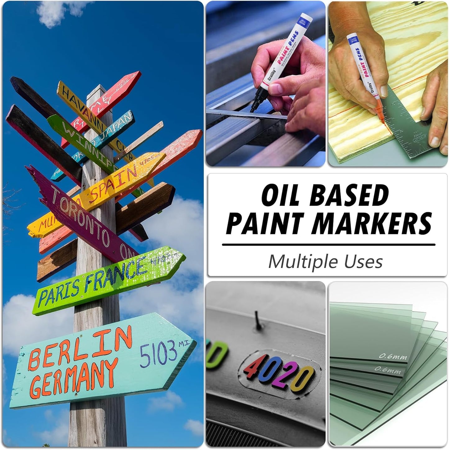 White Paint Markers, 5 Pack Oil-Based Waterproof Quick Dry and Permanent Paint Pen Set for Rocks Painting, Wood, Plastic, Canvas, Glass, Mugs, Metal, Tire, Stone, DIY Craft