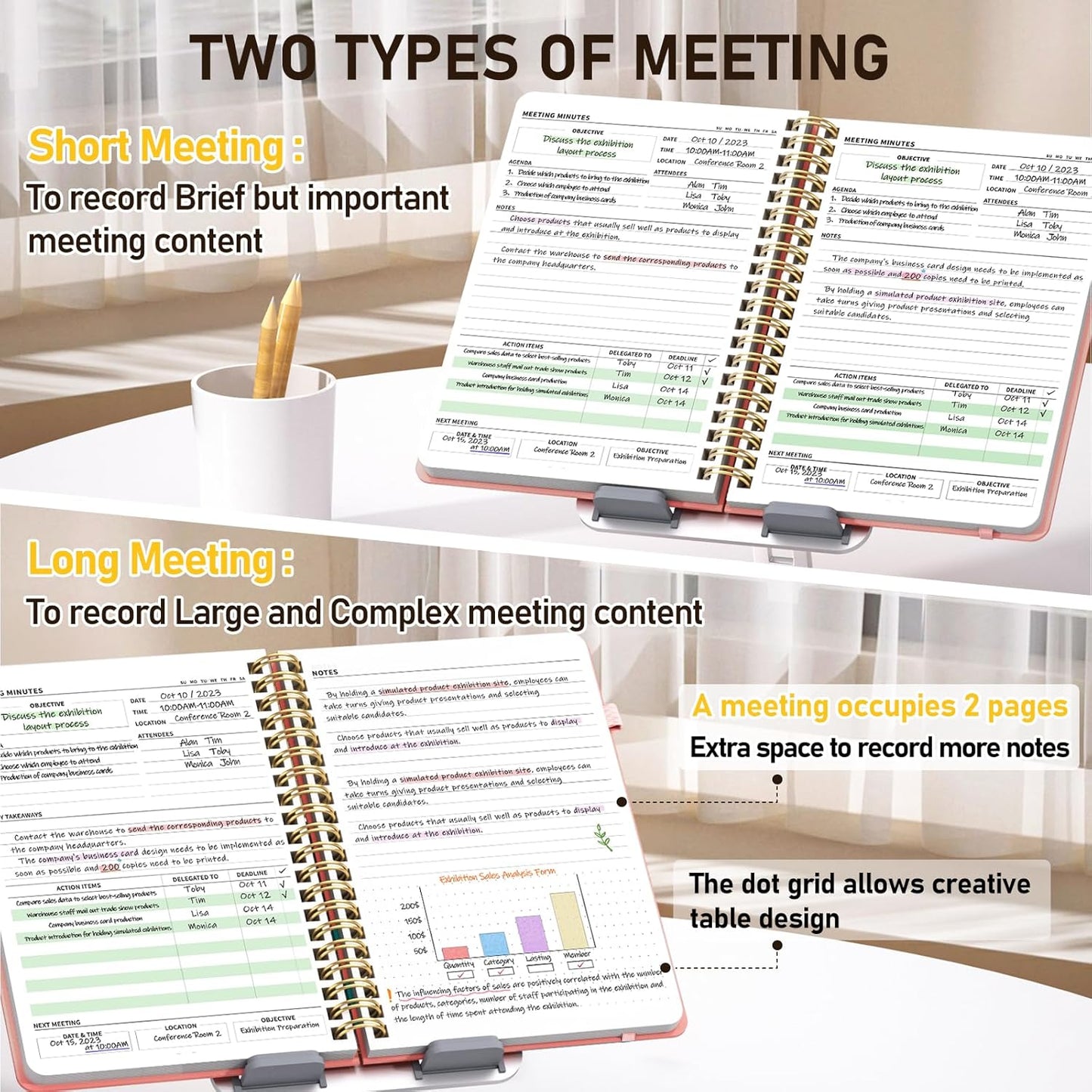 WEMATE Meeting Notebook for Work B5 (7"x10") - PU Leather Work Notebook with Agenda, Action Items & Notes - 200 Pages for Men&Women, Staff and Students, Meeting, Projects Planning -Rose Gold