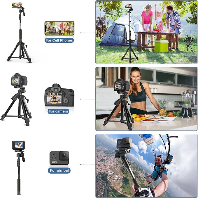 Camera Tripod 69 Inch, Patented 3-Way Swivel Portable Phone Tripod Professional - Image 2