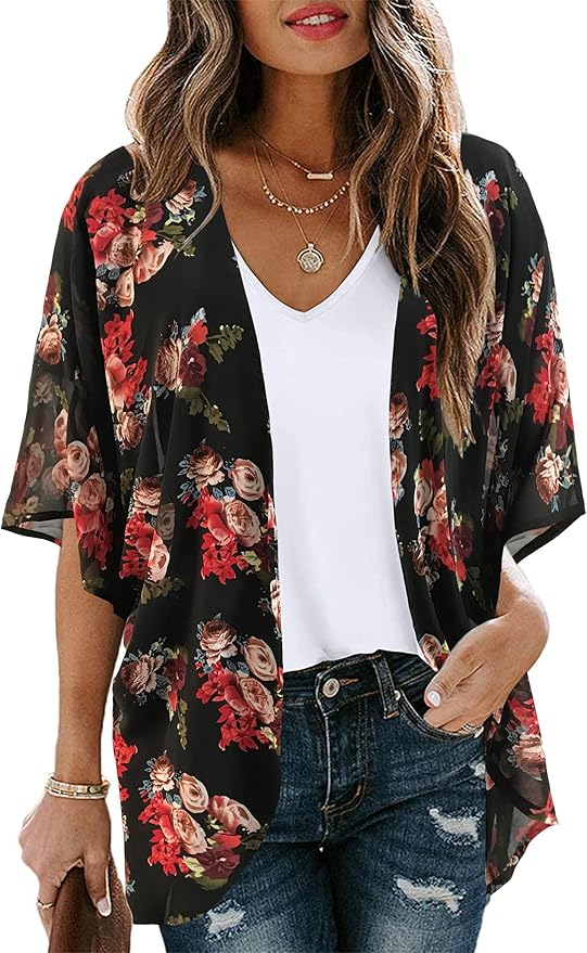 Women's Floral Print Puff Sleeve Kimono Cardigan Loose Cover Up Casual Blouse by CHICGAL