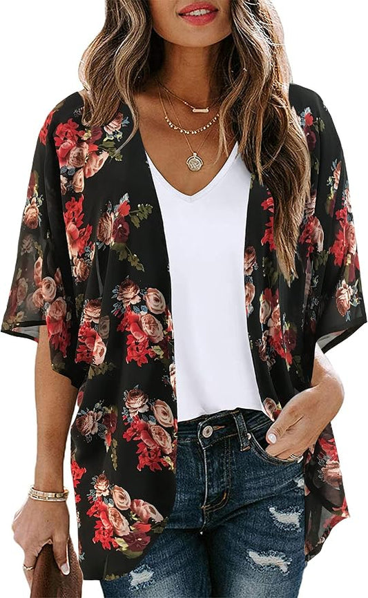 Women's Floral Print Puff Sleeve Kimono Cardigan Loose Cover Up Casual Blouse by CHICGAL