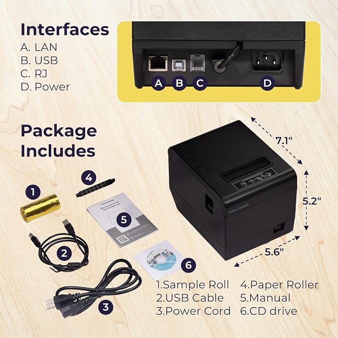 Volcora Thermal Receipt Printer, 80mm POS Printer w/Auto Cutter, USB/Ethernet - Image 5
