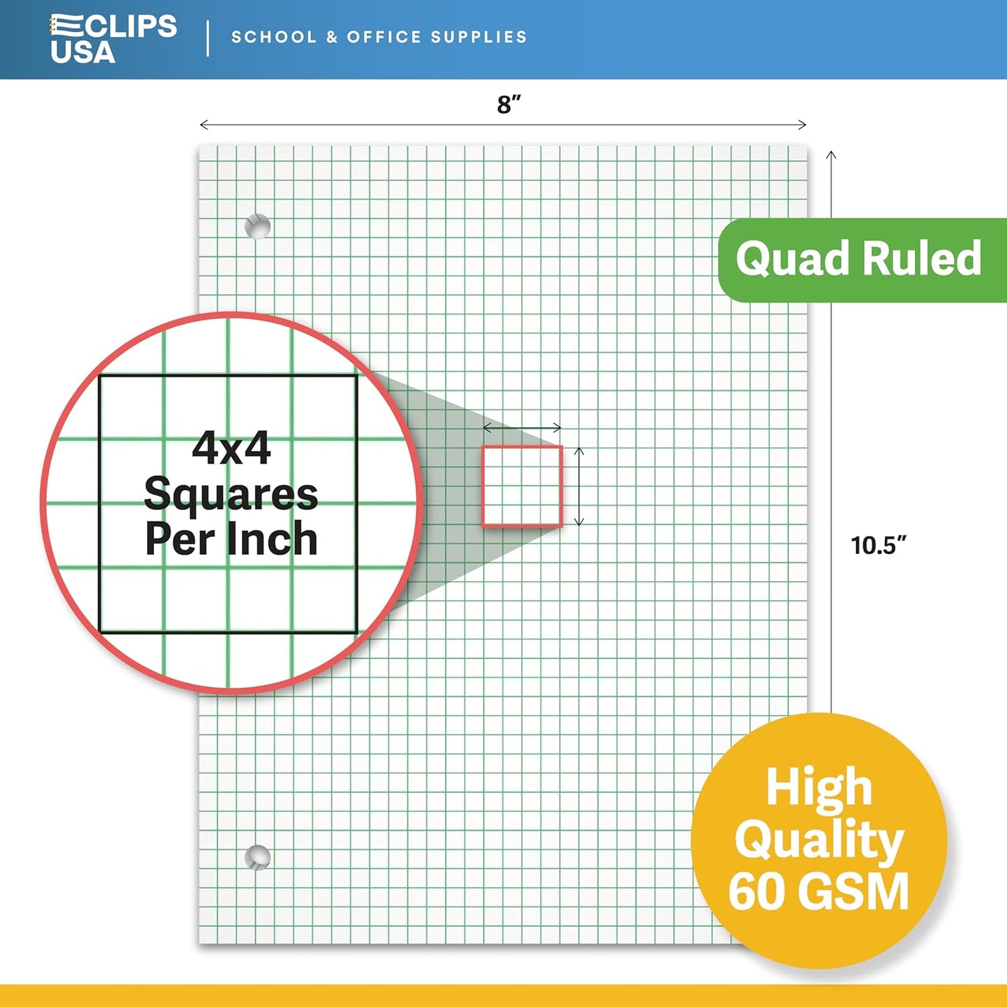Graph Paper, Loose Leaf Graph Paper, 4 x 4 Squares Per Inch Quad Ruled Graph Paper, 10.5” x 8” Graphing Paper, 56 gsm, 150 Per Pack, 450 Sheets (3 Pack)