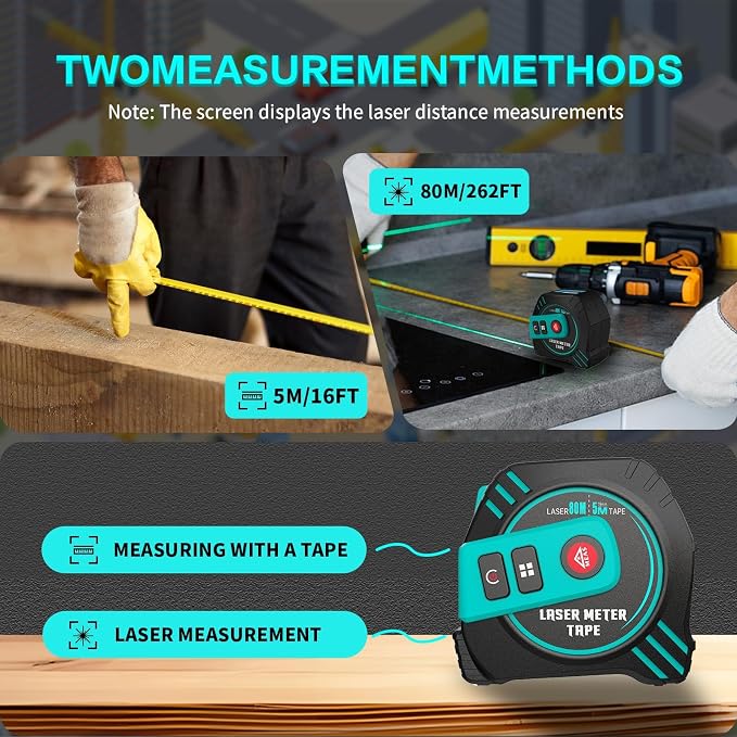 2-in-1 Laser Tape Measure 262ft Rechargeable Digital Tape Measure - Image 2