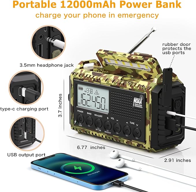 12000mAh/44400mWh Weather Radio, Hand Crank Emergency Radio Portable AM FM - Image 3