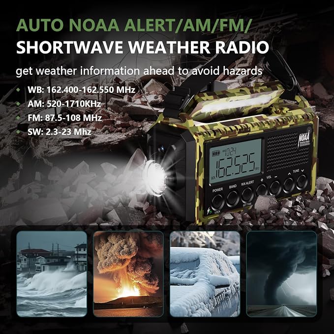 Emergency Weather Radio, 12000mAh/44400mWh Solar Hand Crank AUTO NOAA - Image 8