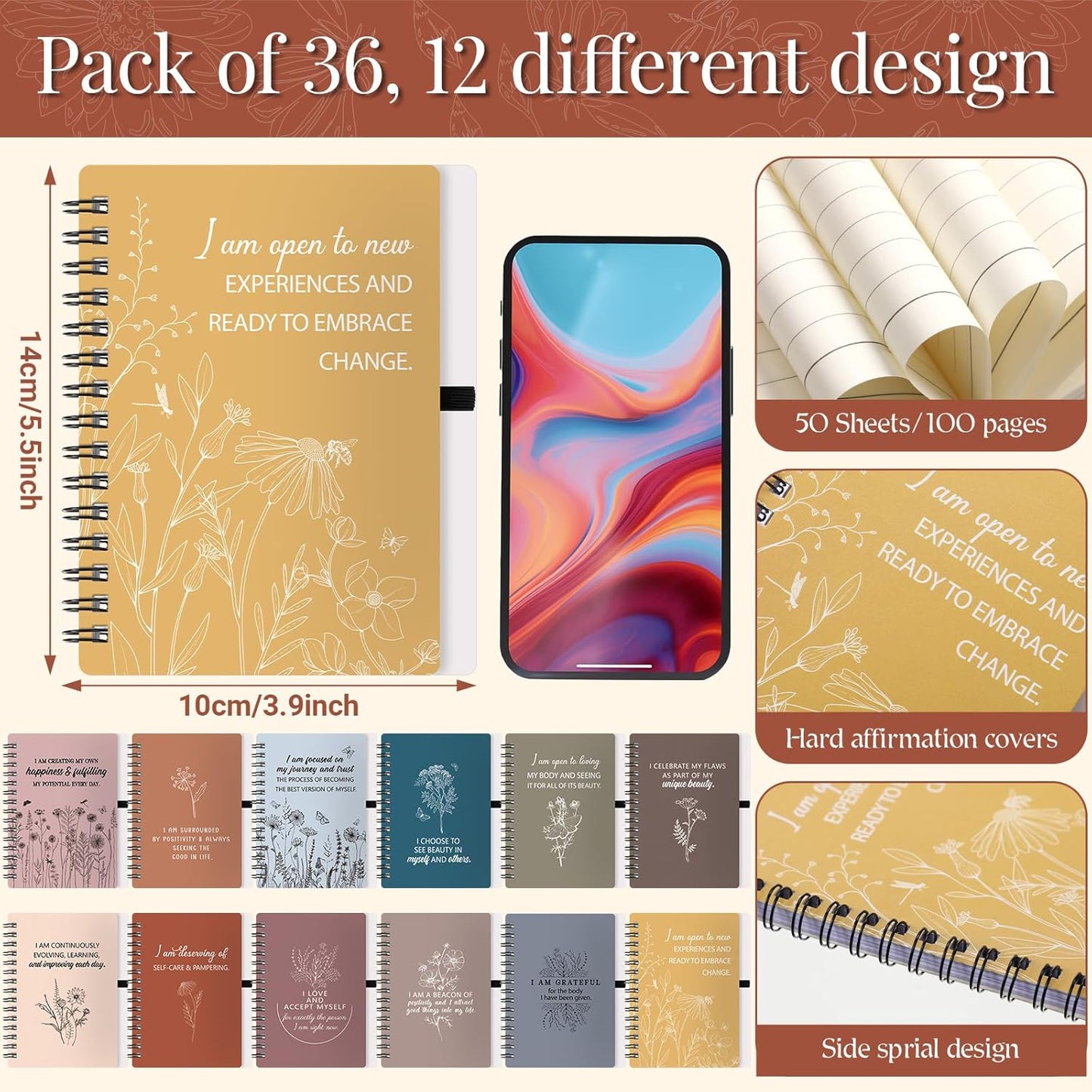 Kosiz 72 Pcs/36 Set Positive Affirmation Gifts Gratitude Spiral Notebooks with Pens Motivational Encouragement Notepads Daily Affirmations Journal for Women (Vibrant)