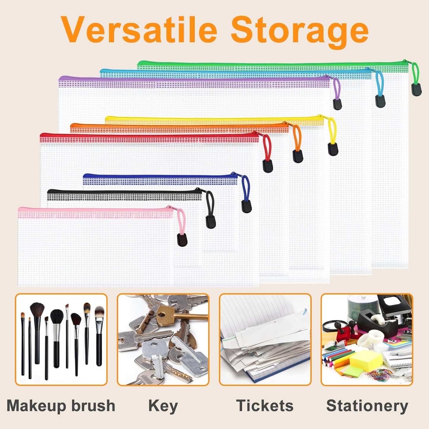 12pcs Mesh Zipper Pouch Bags, Waterproof A4 Letter Size Puzzle Bag for Organizing, Storage, Board Games and Office Supplies, 12 Colors