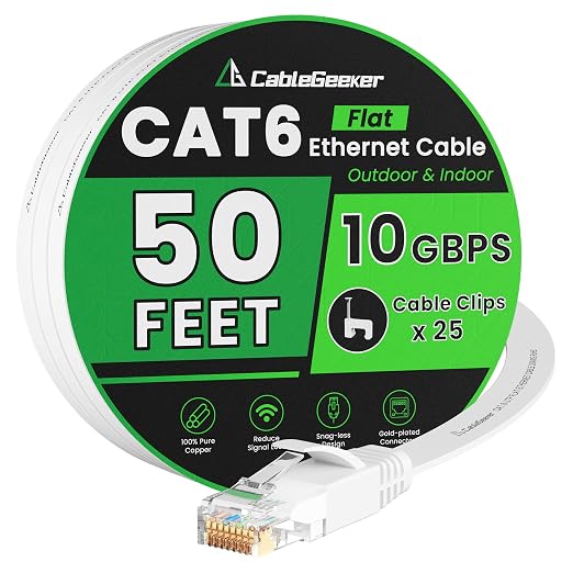 Cat 6 Ethernet Cable 50 ft, Indoor&Outdoor, High Speed 10Gbps Flat Internet by CableGeeker