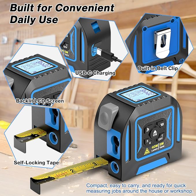 2-in-1 Laser Tape Measure, 130 Ft Laser Distance Meter and 16 Ft Self-Locking - Image 4