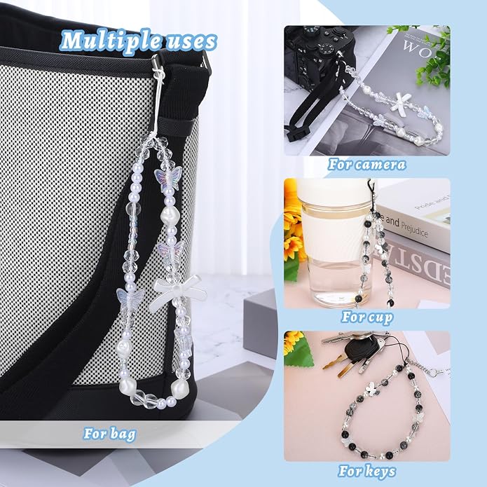 Pink Beaded Phone Wrist Straps, Y2K Phone Case Charms Camera Charm Strap - Image 3