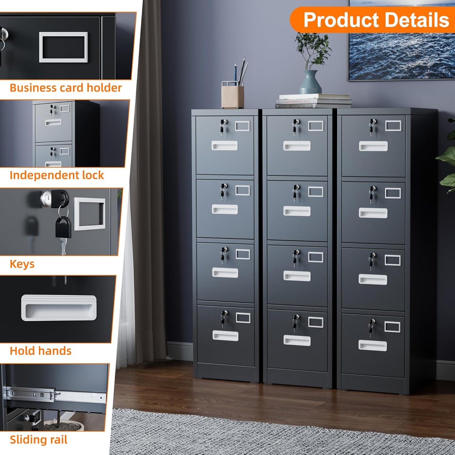 4 Drawer Metal Vertical File Cabinet with 4 Independent Locks, Home Office File Cabinet with Card Holder for Letter/Legal/A4 Folders, Black Filing Cabinet, Assembly Required, 4 Drawers