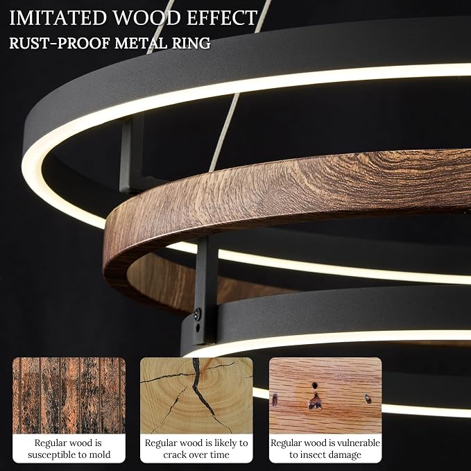 3 Ring LED Chandelier Walnut Wood Black Chandelier Light Fixture 31in Dimmable - Image 2