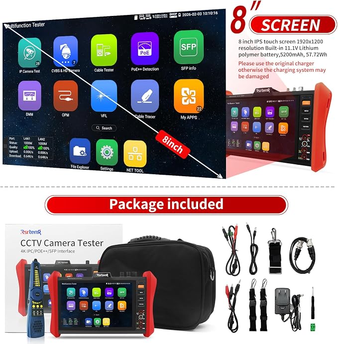 Rsrteng CCTV Tester 4K 12MP IP Camera Tester POE++ Max 90W POE Camera Tester - Image 9