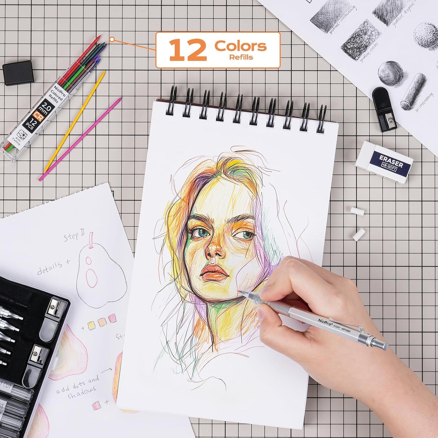 Nicpro 35PCS Silver Metal Mechanical Pencils Set in Case, Art Drafting Pencil 0.5, 0.7, 0.9 mm & 3PCS 2mm Graphite Lead Holder for Drawing Sketching With 20 Tube Lead Refills(6B 4B 2B HB 2H 4H Colors)