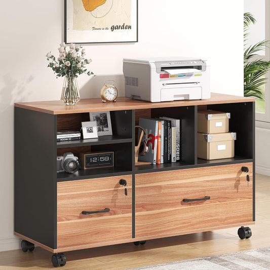 2 Drawer Wood Mobile Large Lateral File Cabinet with Lock, Lockable Rolling Filing Cabinet with Storage Shelves, Printer Stand Office Storage Cabinet for Home Office Fits Files Legal/A4